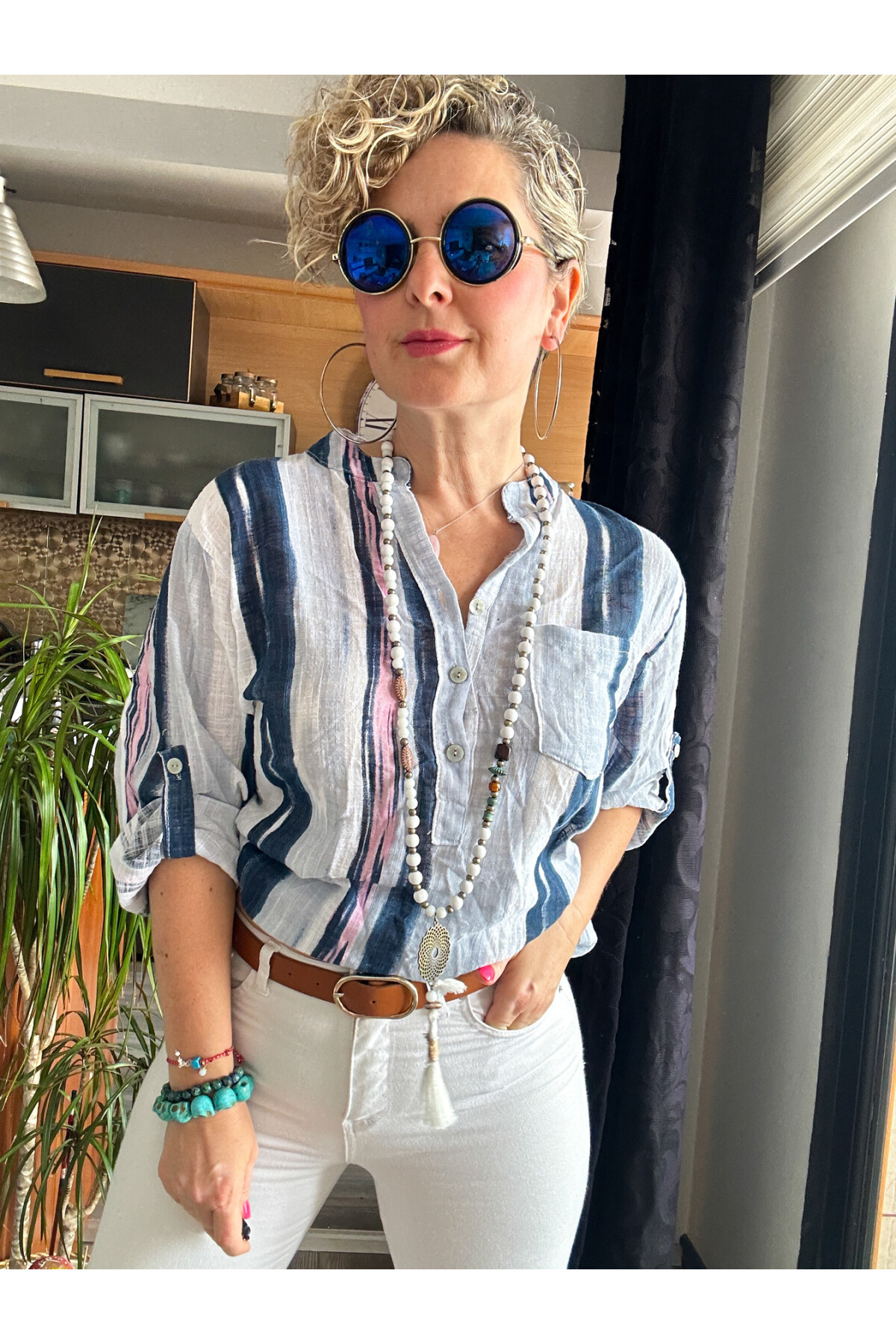 Razza Batik Çizgi Desen İtalyan Gömlek Beyaz