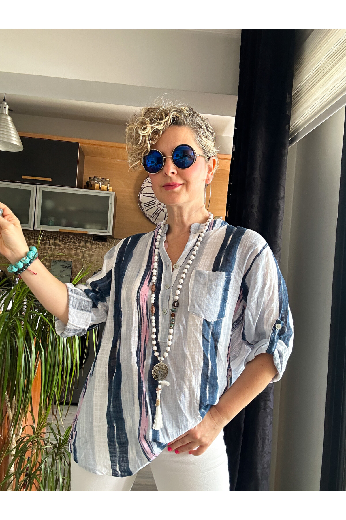 Razza Batik Çizgi Desen İtalyan Gömlek Beyaz