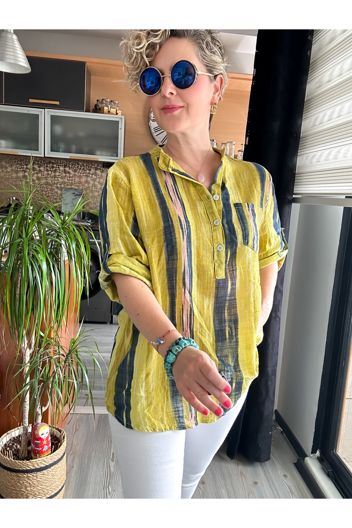 Razza Batik Çizgi Desen İtalyan Gömlek Hardal