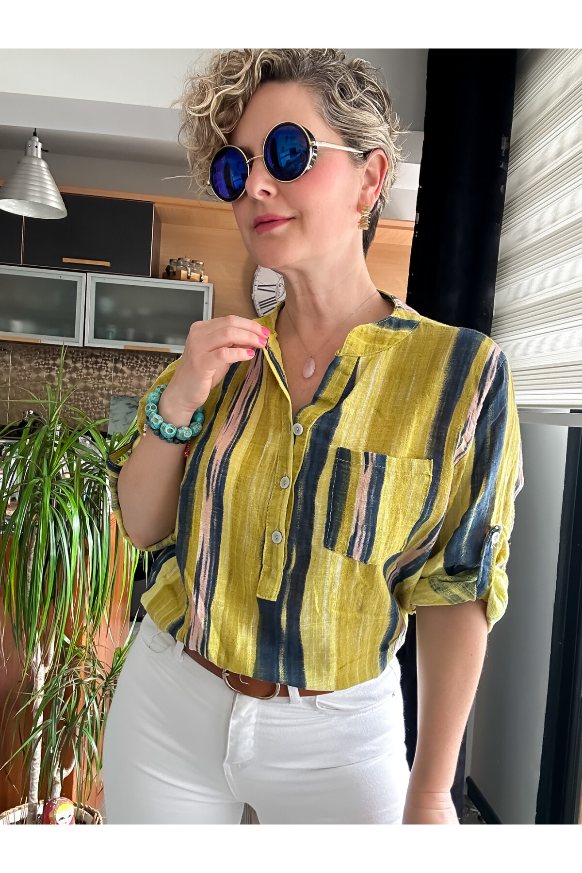 Razza Batik Çizgi Desen İtalyan Gömlek Hardal