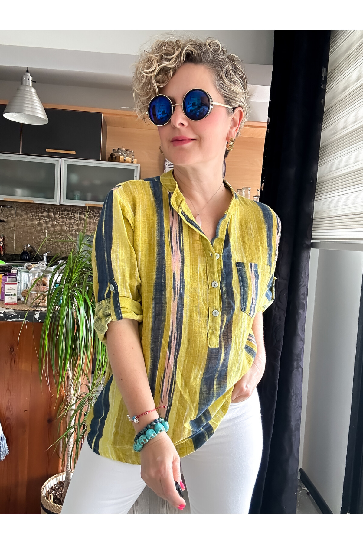 Razza Batik Çizgi Desen İtalyan Gömlek Hardal