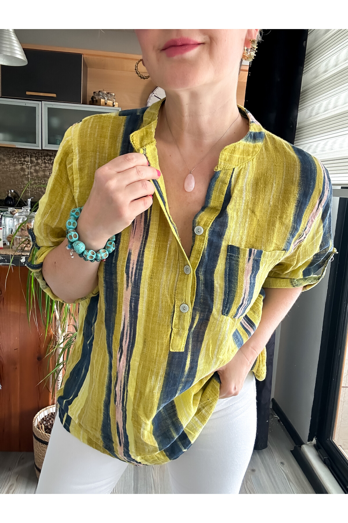 Razza Batik Çizgi Desen İtalyan Gömlek Hardal