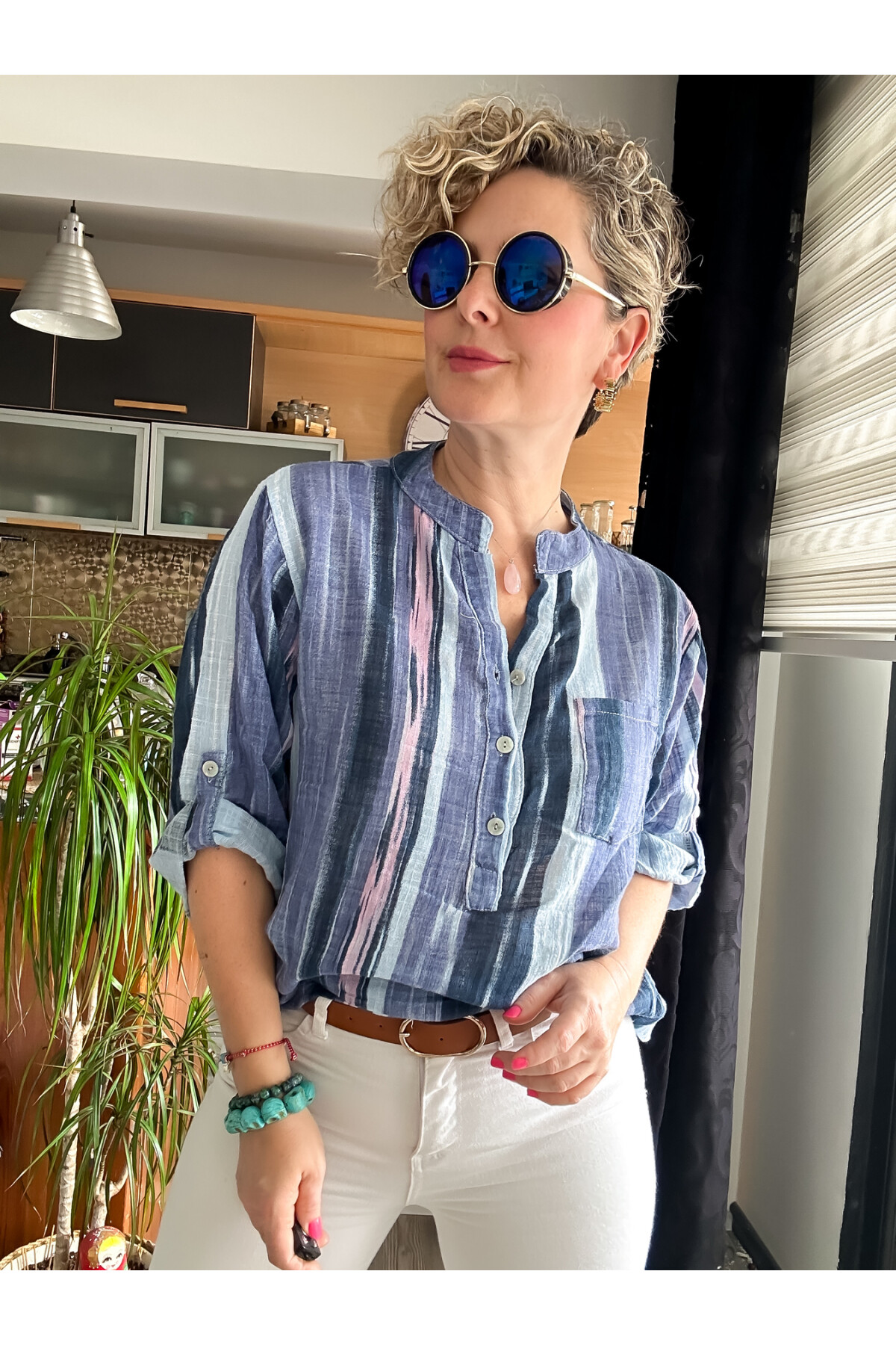 Razza Batik Çizgi Desen İtalyan Gömlek İndigo