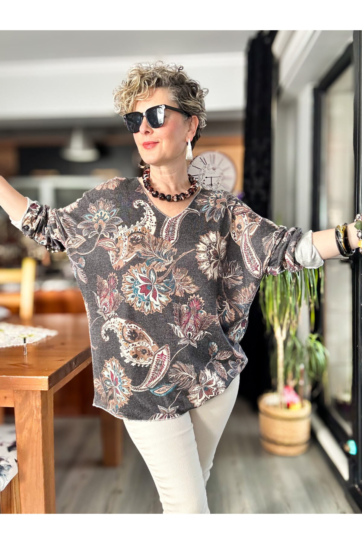 Ricci İtalyan Çiçek Desen Angora Triko Gri