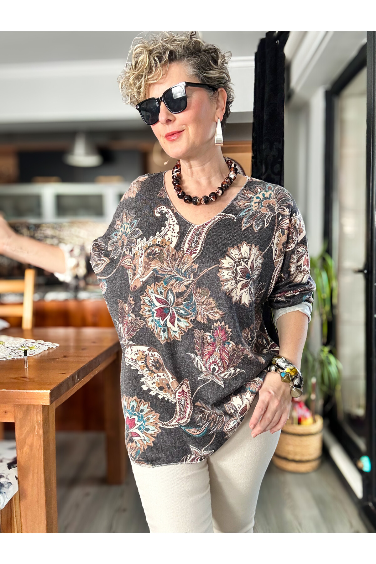 Ricci İtalyan Çiçek Desen Angora Triko Gri