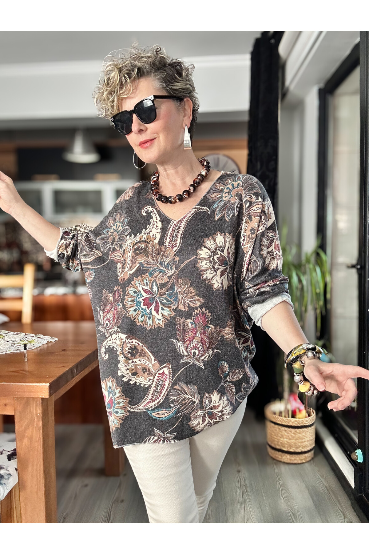 Ricci İtalyan Çiçek Desen Angora Triko Gri