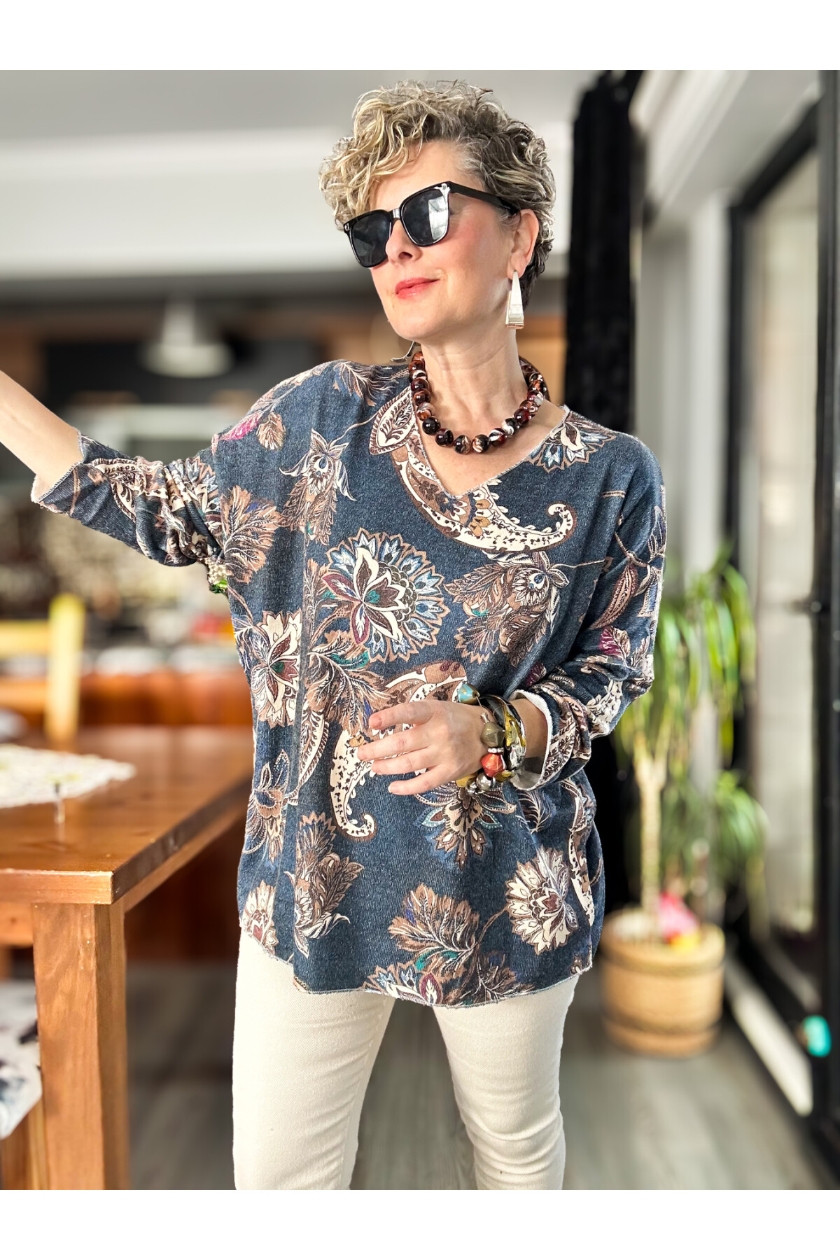 Ricci İtalyan Çiçek Desen Angora Triko Lacivert