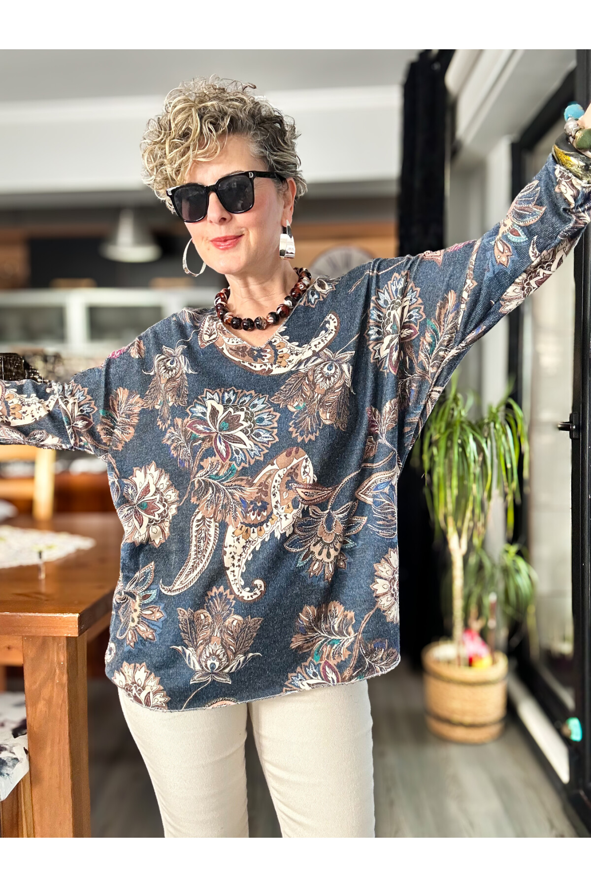 Ricci İtalyan Çiçek Desen Angora Triko Lacivert