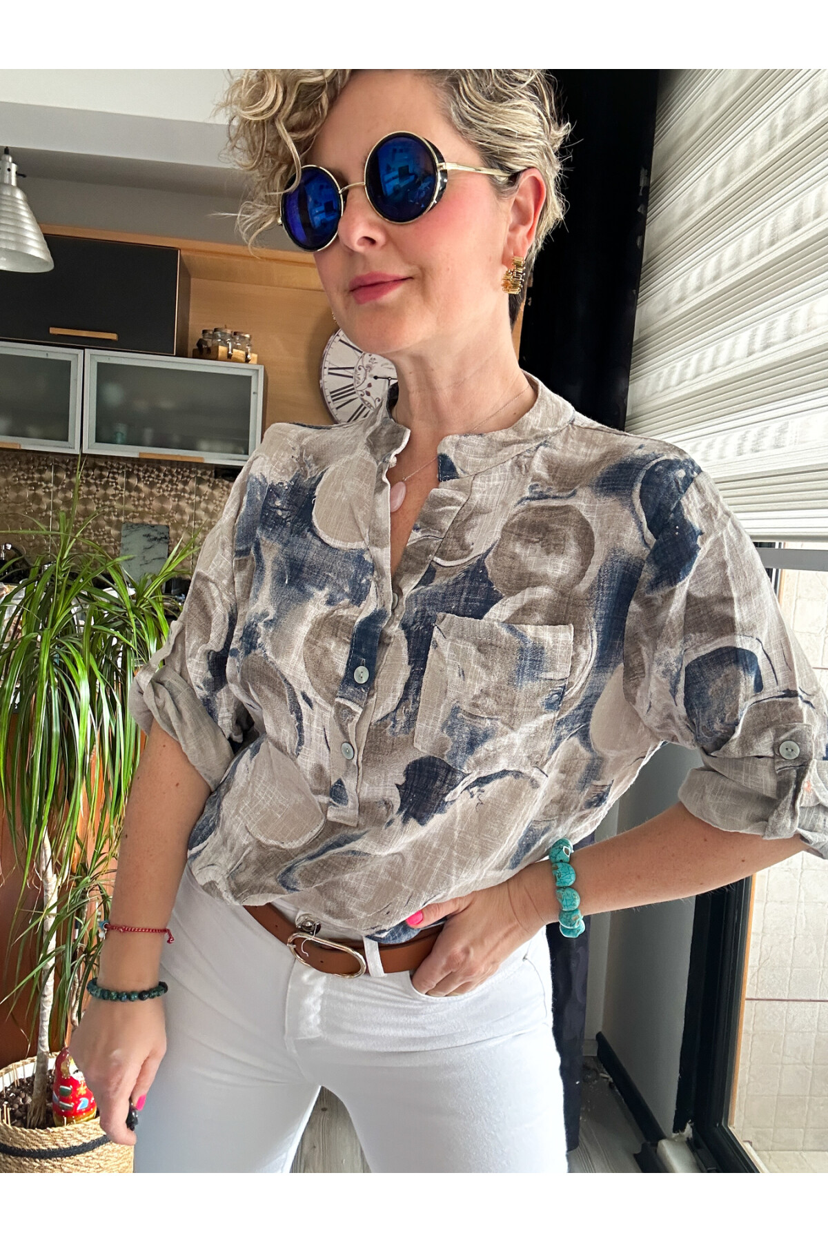 Rissi Baloncuk Desen İtalyan Gömlek Bej