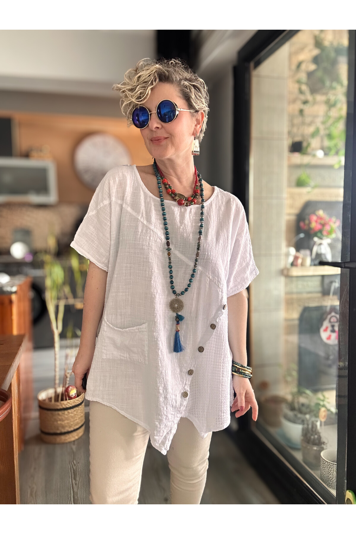 Rosas Tasarım Çapraz Düğme Detay Bluz Beyaz