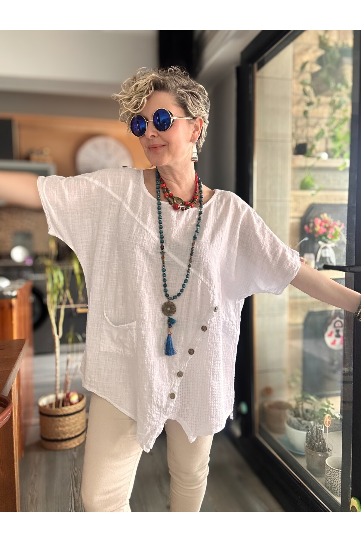 Rosas Tasarım Çapraz Düğme Detay Bluz Beyaz