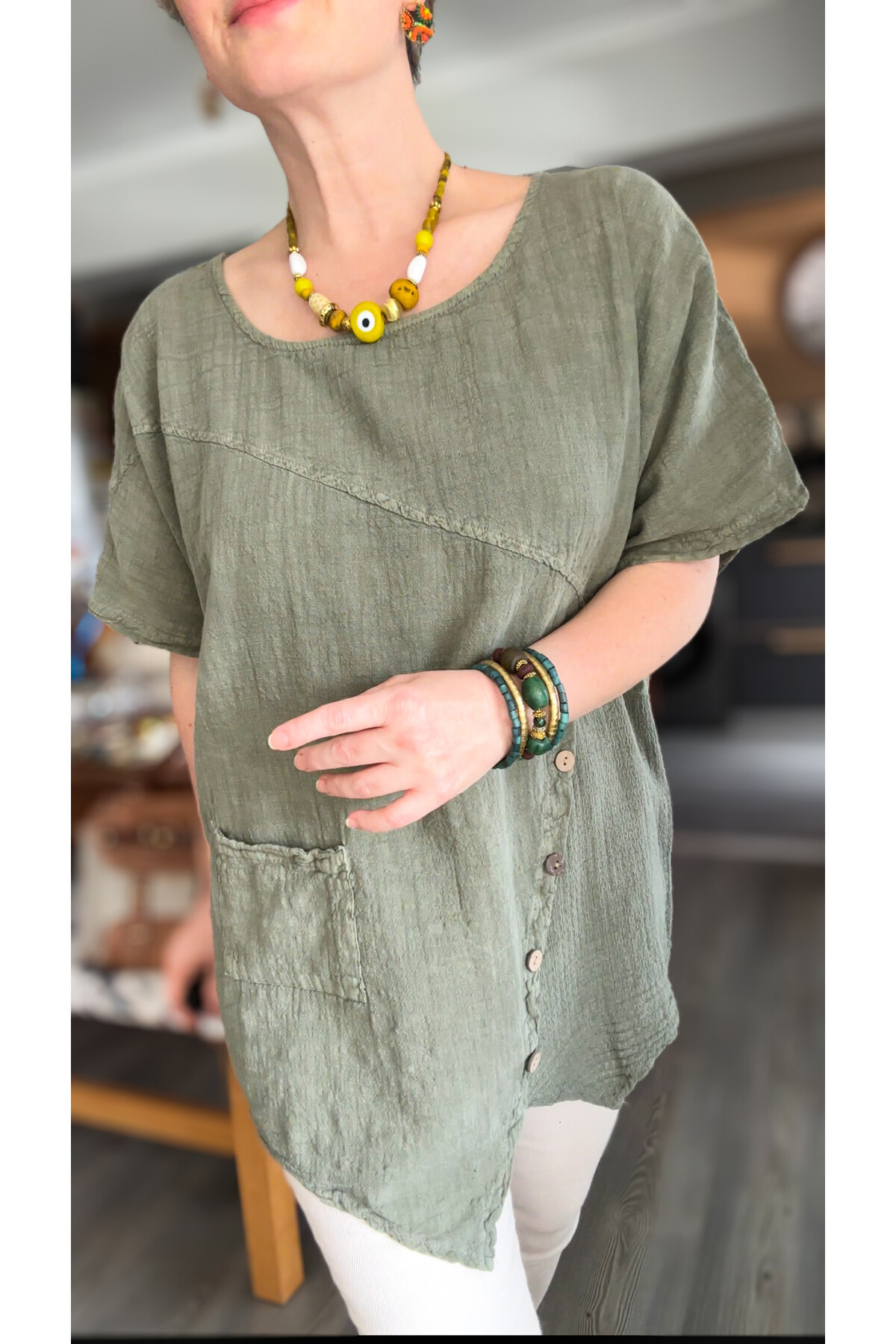 Rosas Tasarım Çapraz Düğme Detay Bluz Haki