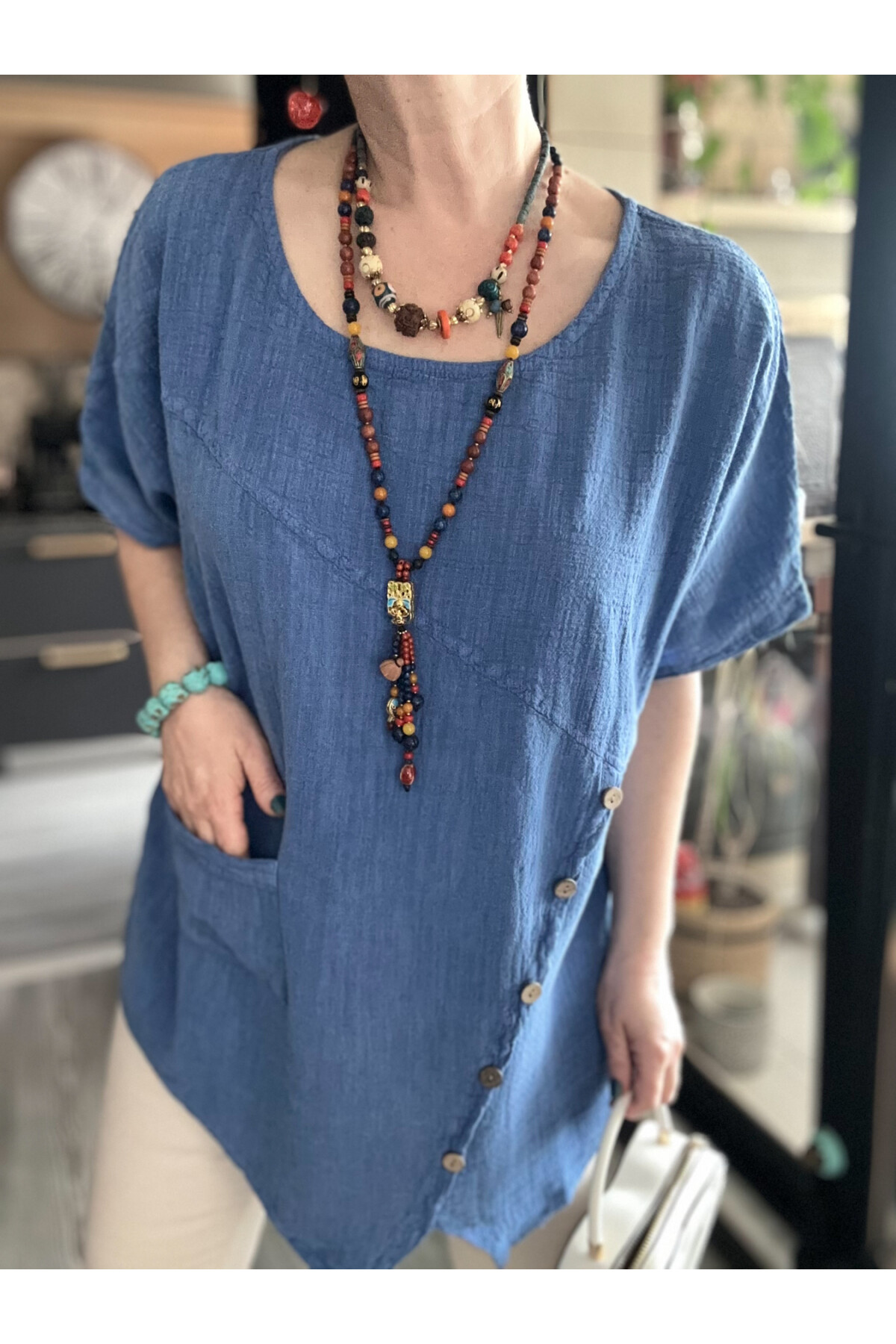 Rosas Tasarım Çapraz Düğme Detay Bluz Mavi