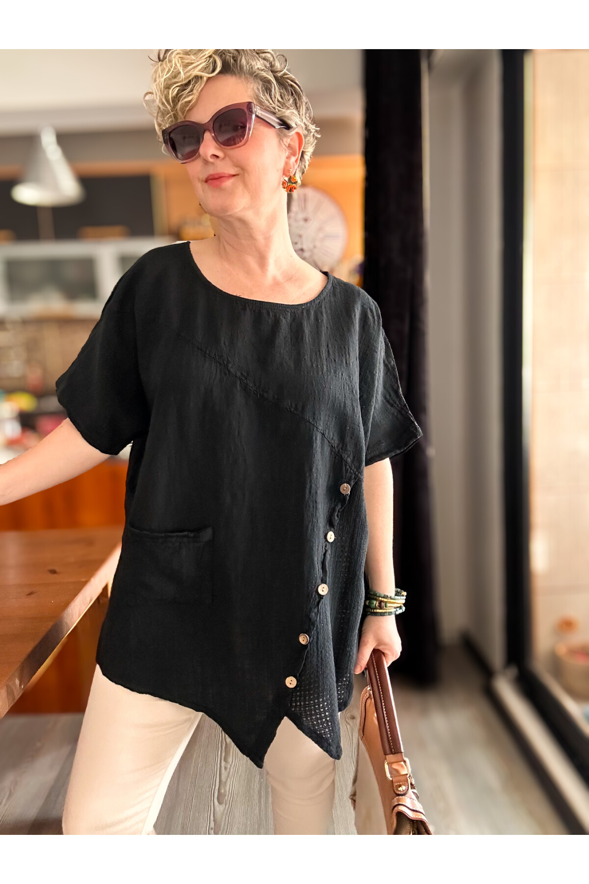 Rosas Tasarım Çapraz Düğme Detay Bluz Siyah