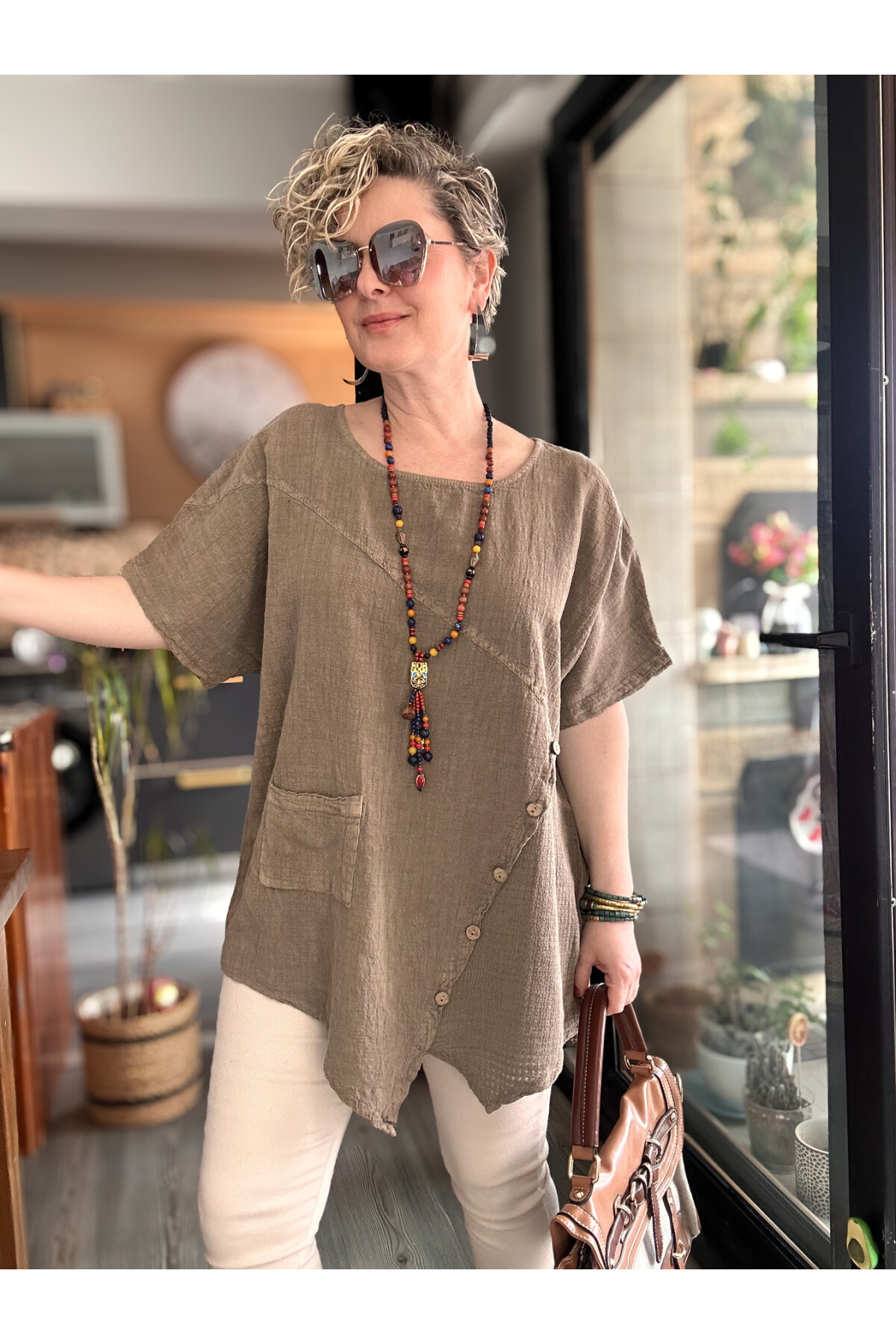 Rosas Tasarım Çapraz Düğme Detay Bluz Vizon