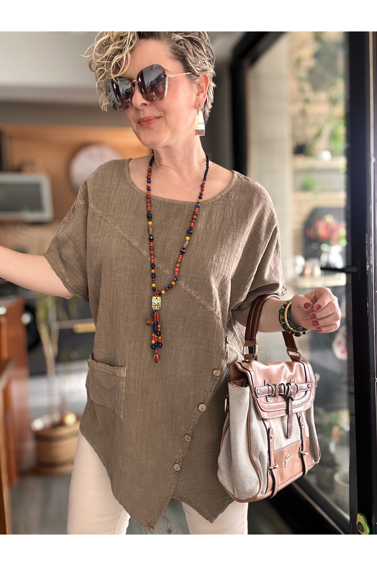 Rosas Tasarım Çapraz Düğme Detay Bluz Vizon