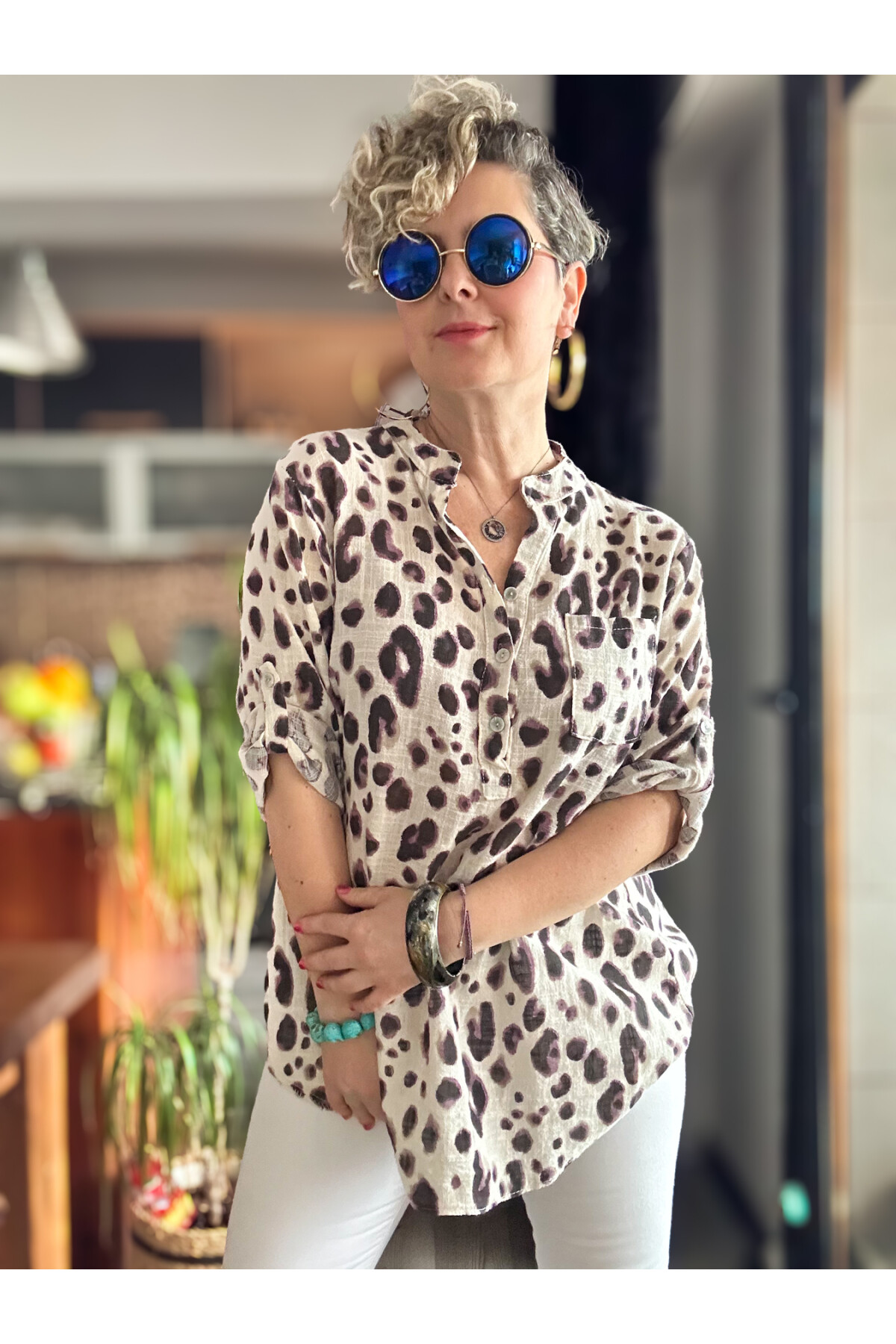 Rosella Yeni Leopar Desen İtalyan Gömlek Bej