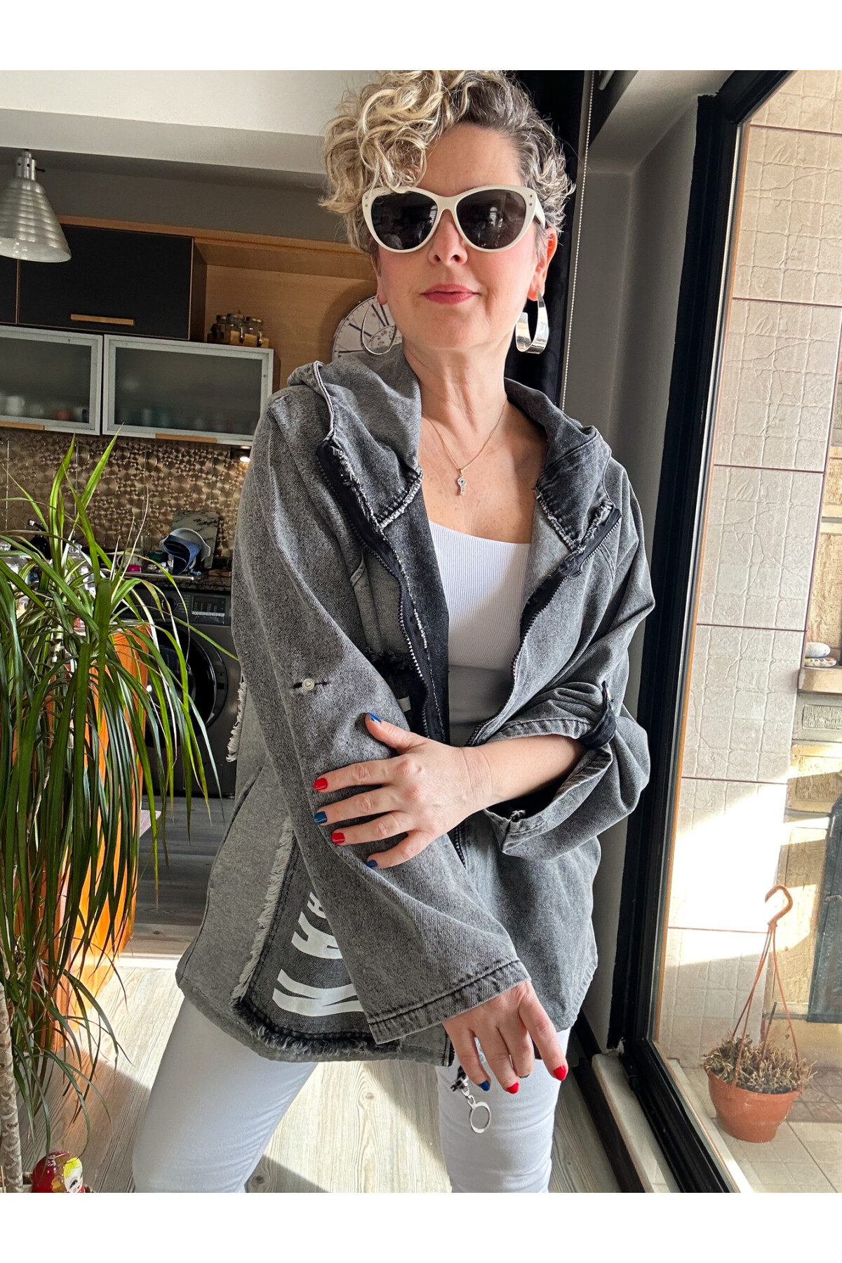 Rudi Tasarım Kapşonlu Kot Ceket Gri