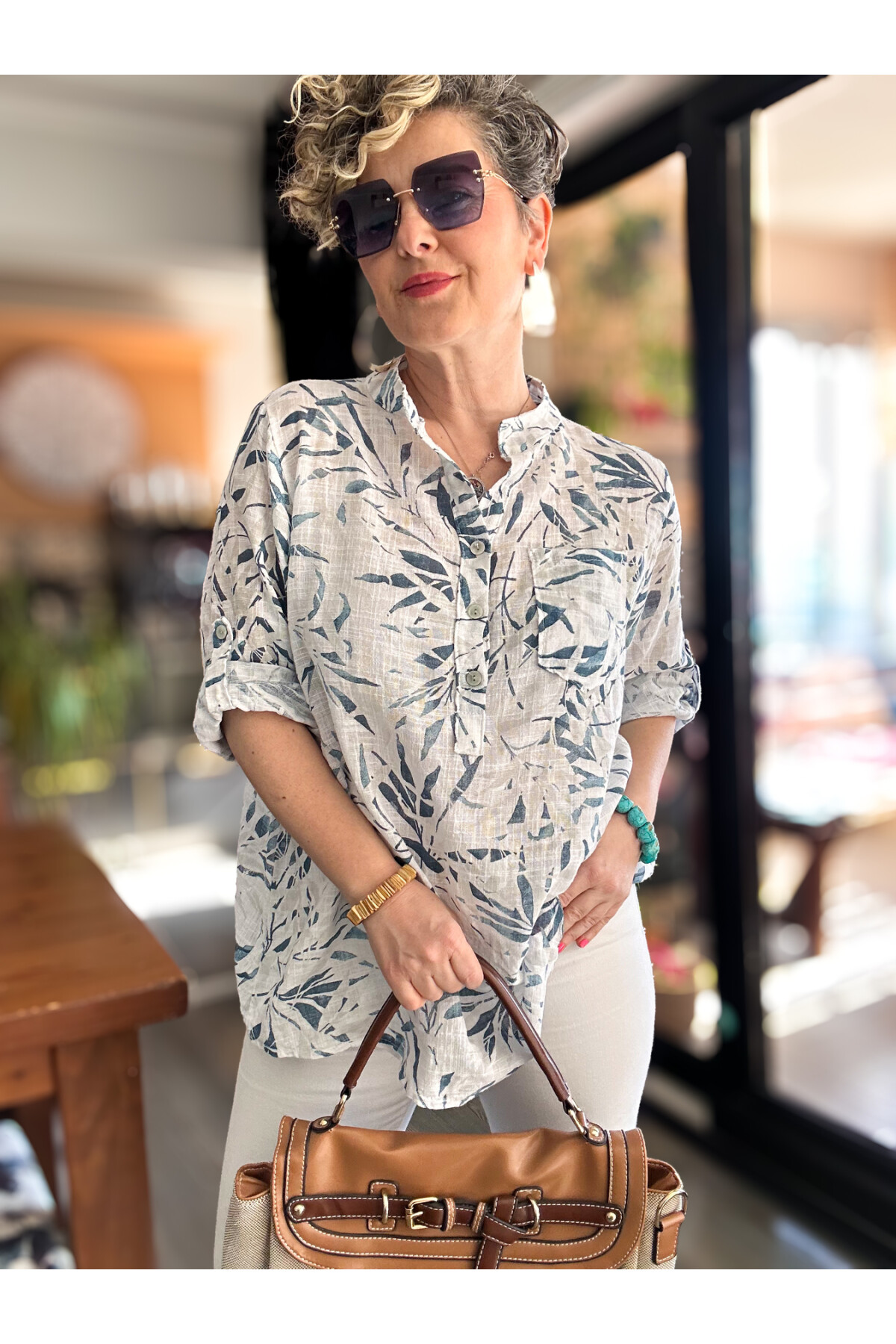 Sassa Küçük Yaprak Desen İtalyan Gömlek Beyaz