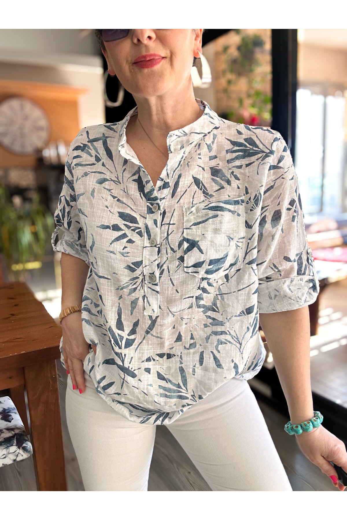 Sassa Küçük Yaprak Desen İtalyan Gömlek Beyaz