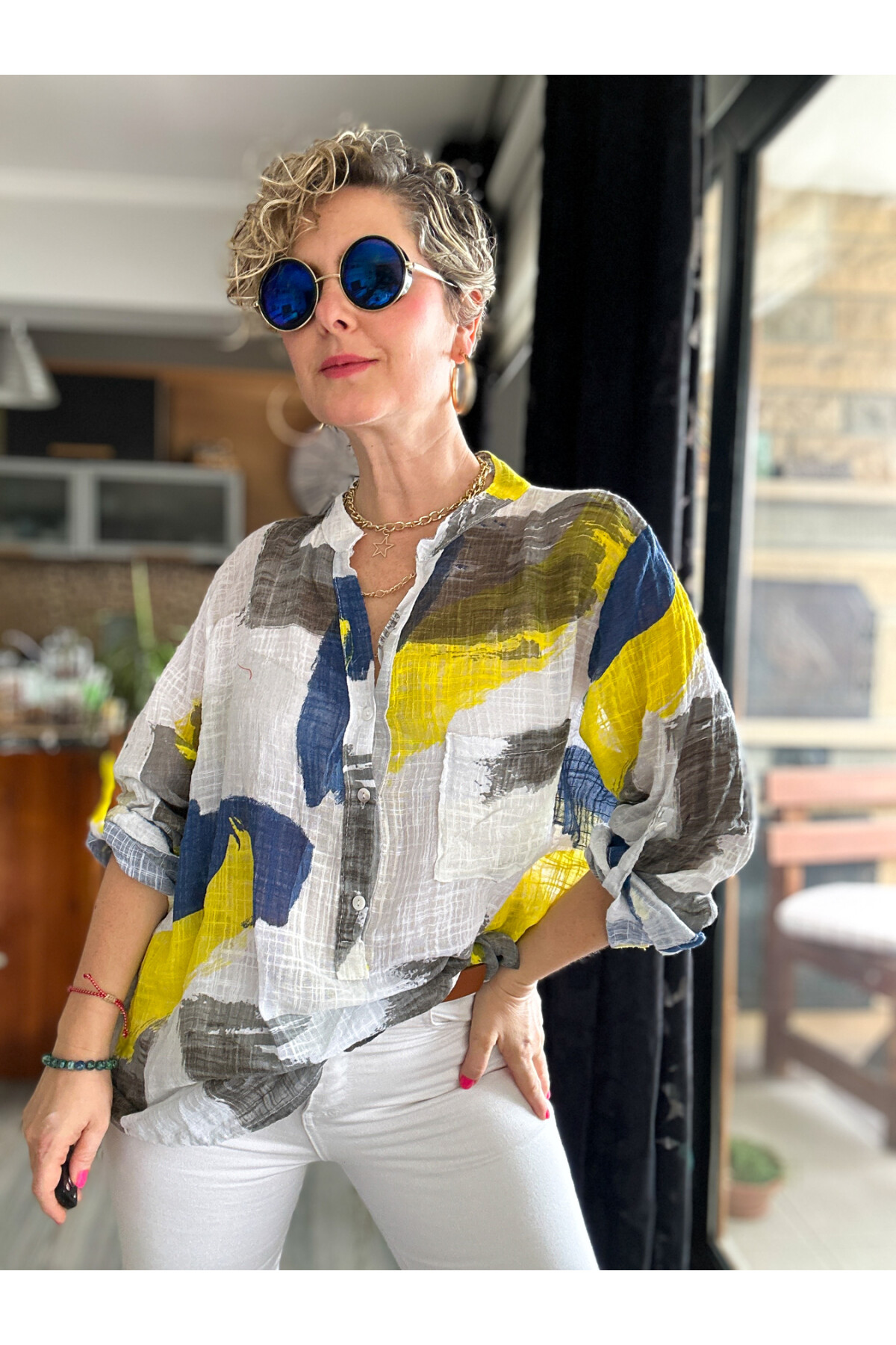 Senso Patchwork Desen İtalyan Gömlek Beyaz