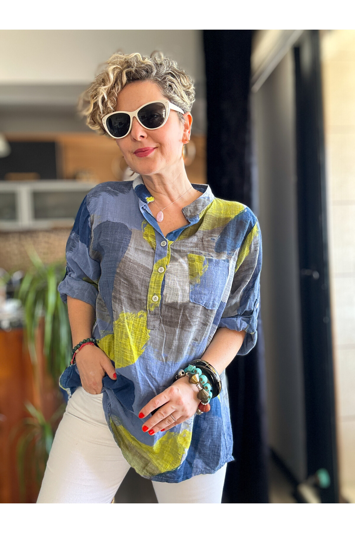 Senso Patchwork Desen İtalyan Gömlek İndigo