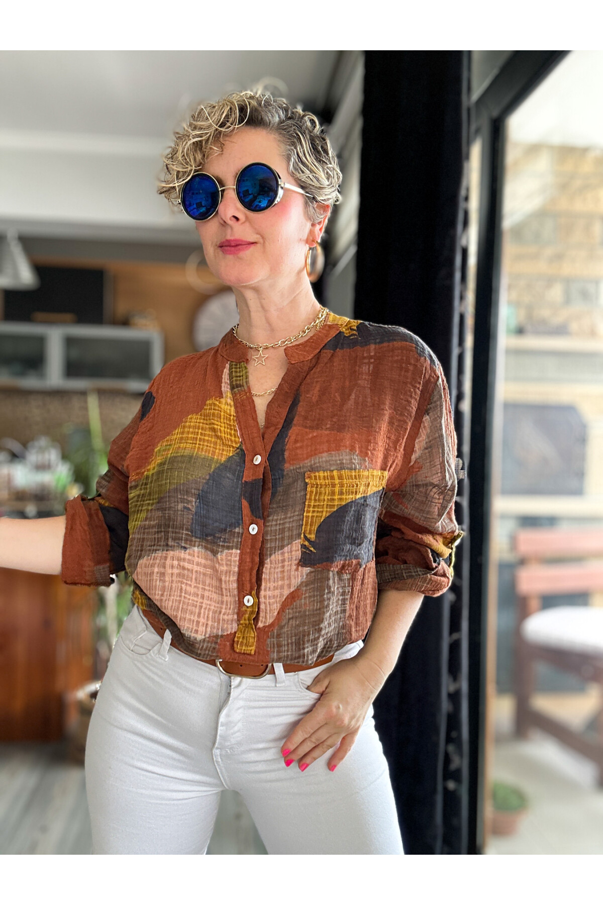 Senso Patchwork Desen İtalyan Gömlek Kahve