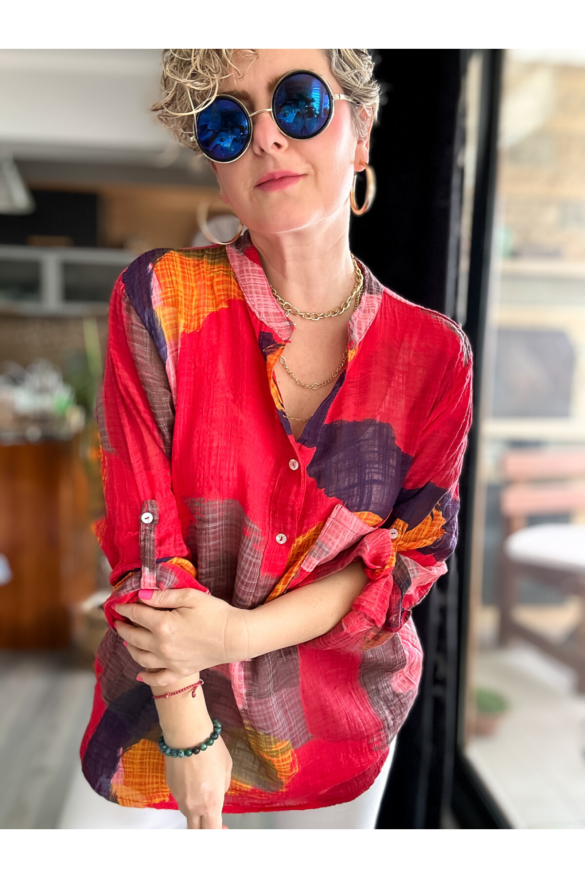 Senso Patchwork Desen İtalyan Gömlek Kırmızı