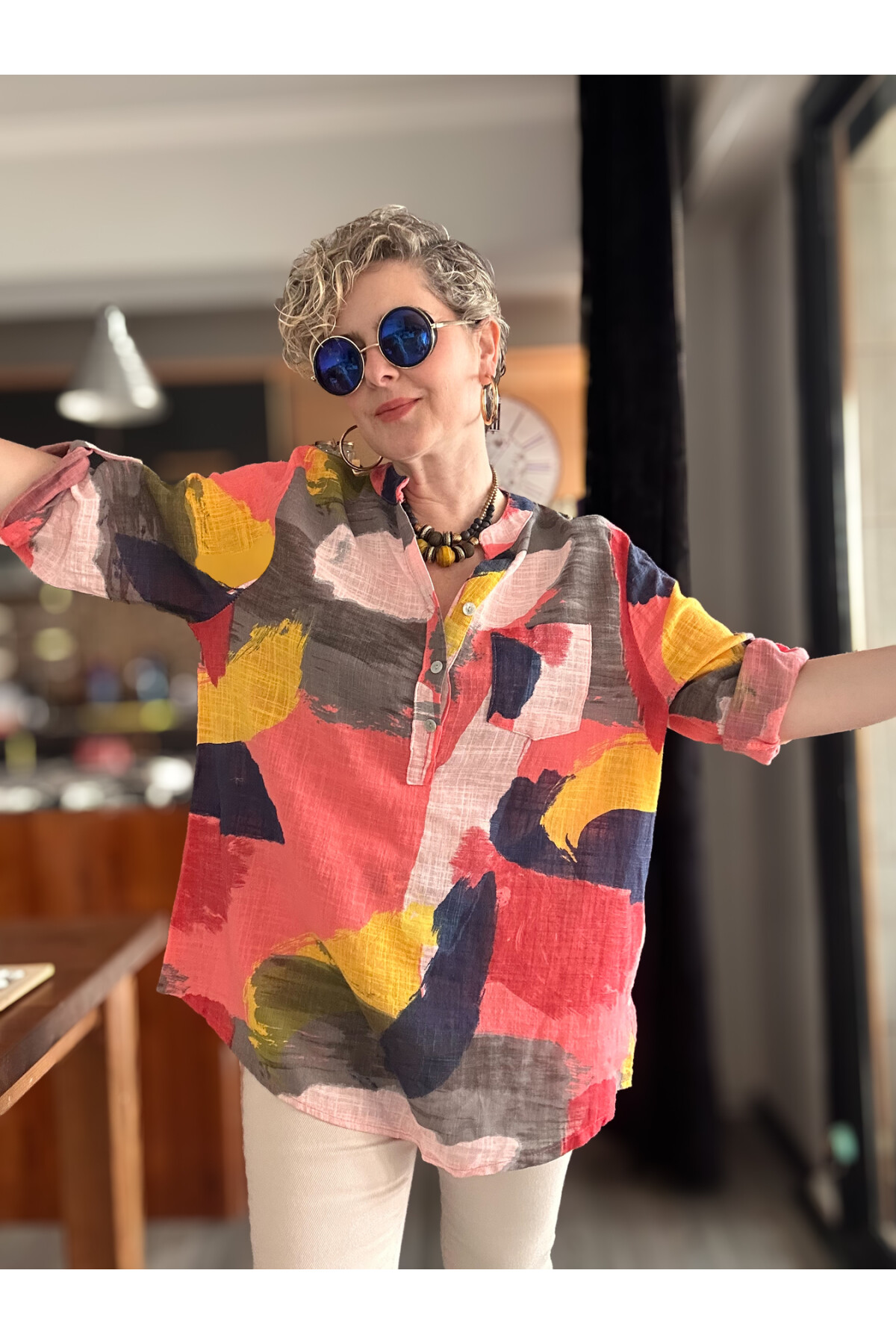 Senso Patchwork Desen İtalyan Gömlek Mercan