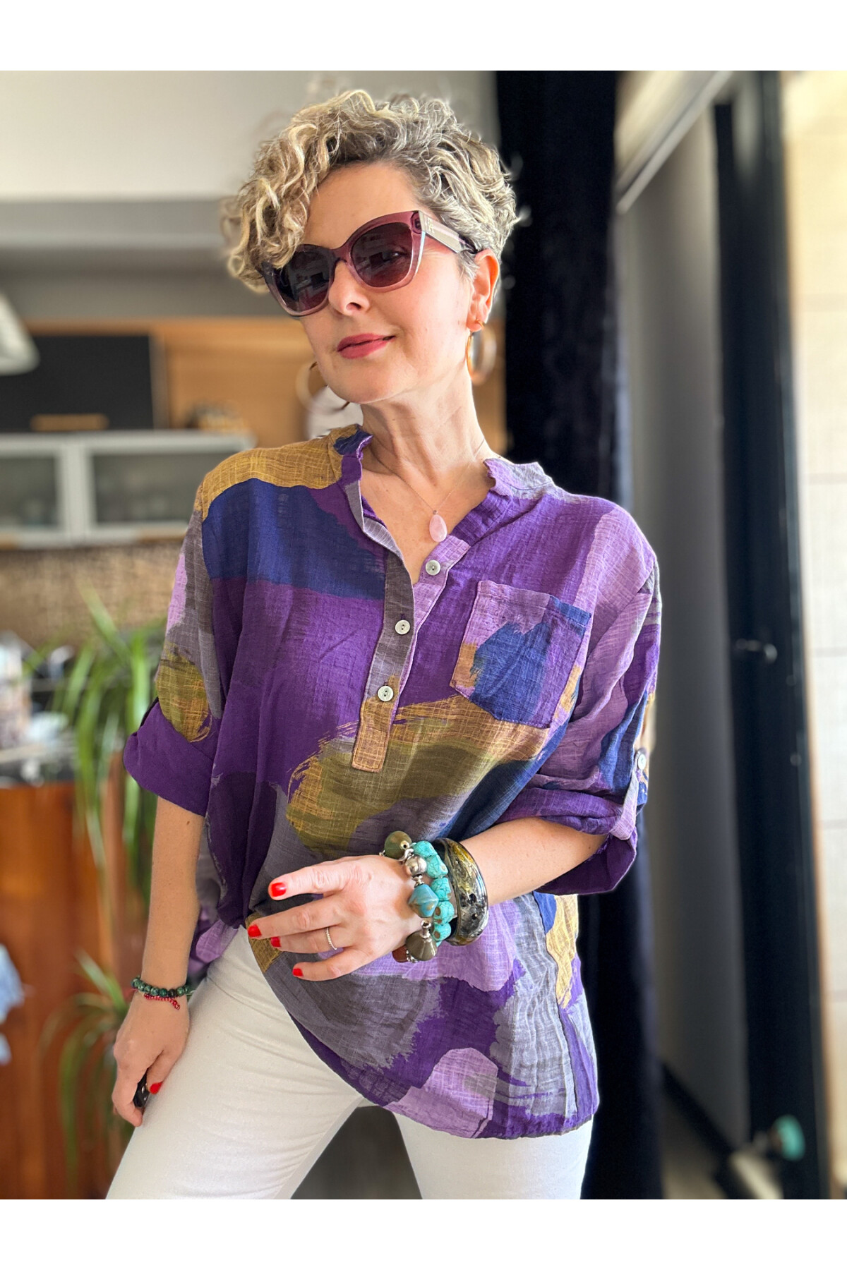 Senso Patchwork Desen İtalyan Gömlek Mor