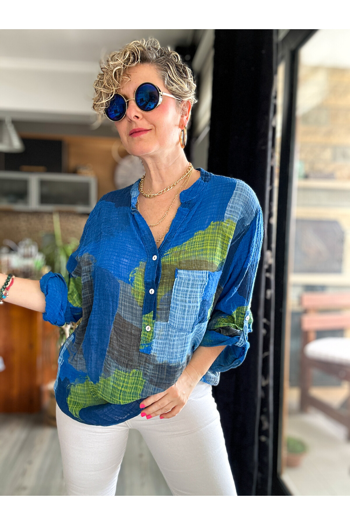 Senso Patchwork Desen İtalyan Gömlek Saks