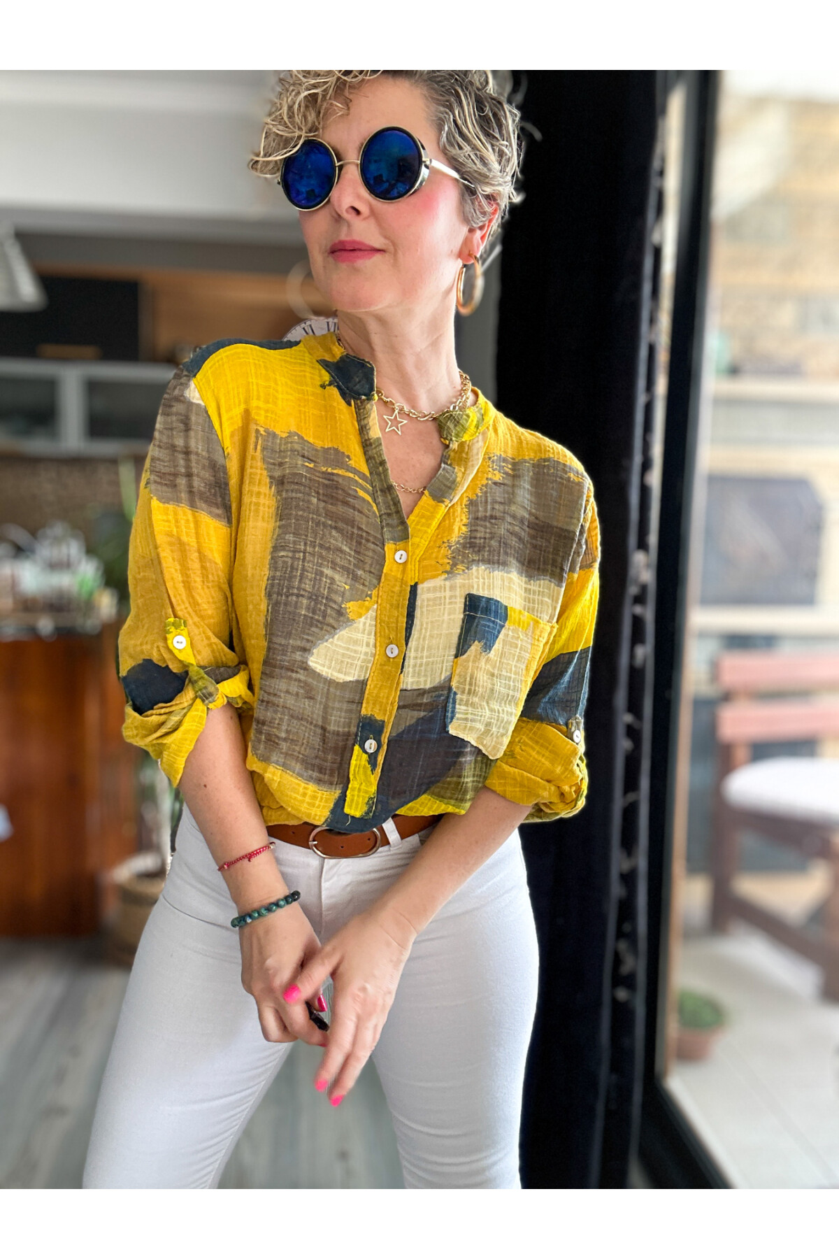 Senso Patchwork Desen İtalyan Gömlek Sarı