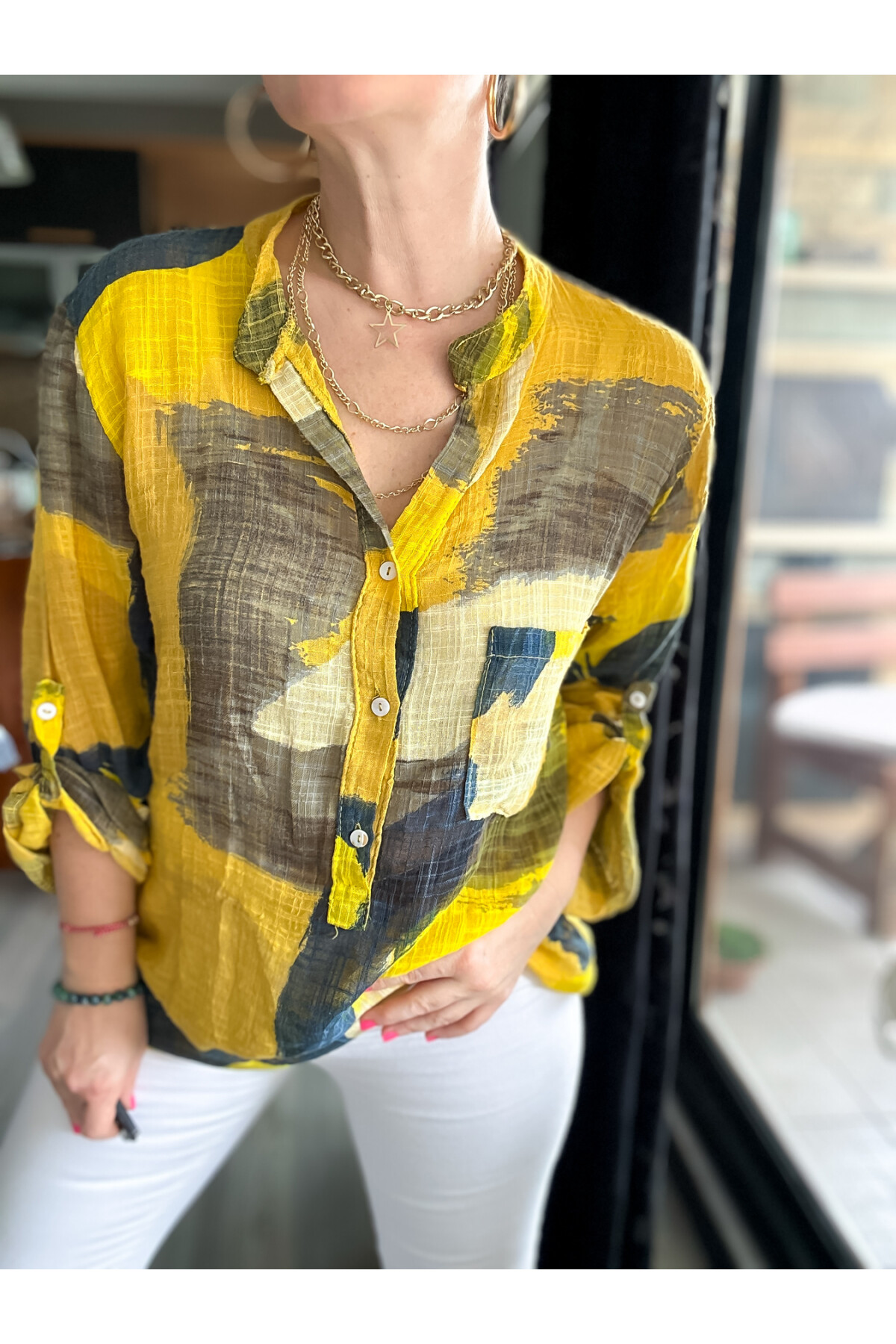 Senso Patchwork Desen İtalyan Gömlek Sarı