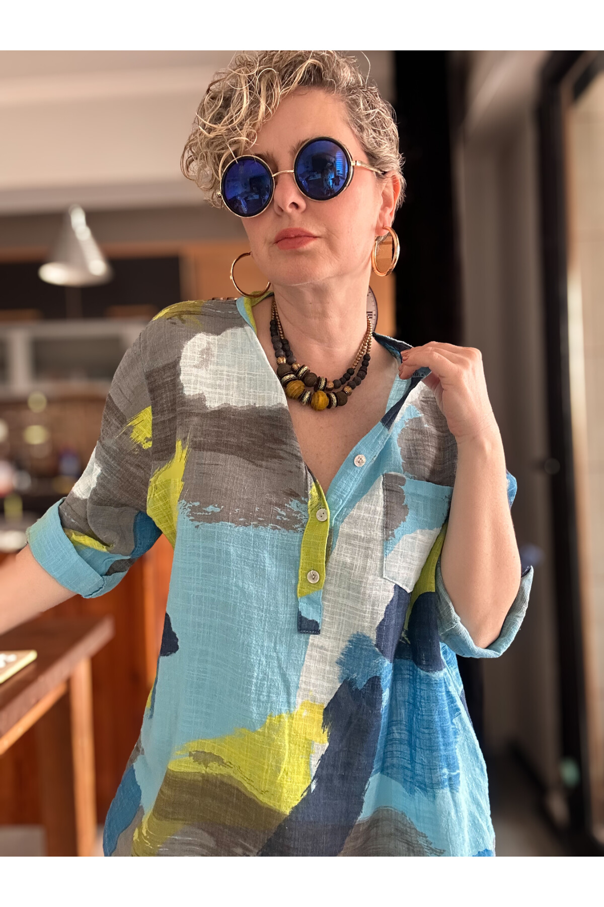 Senso Patchwork Desen İtalyan Gömlek Turkuaz