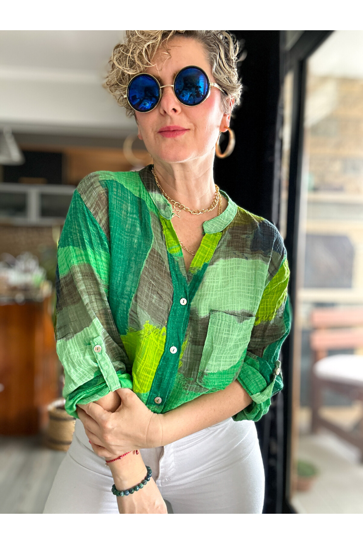 Senso Patchwork Desen İtalyan Gömlek Yeşil