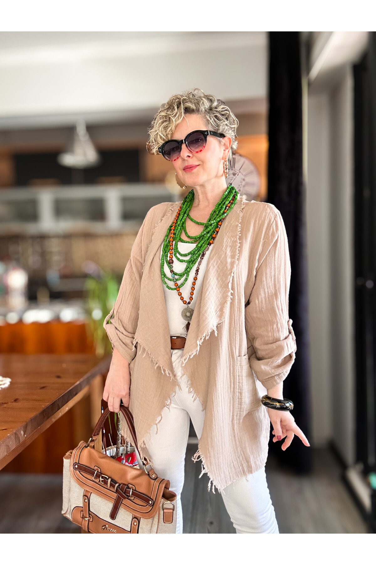 Sissi Tasarım Saçak Detaylı Müslin Ceket Taş