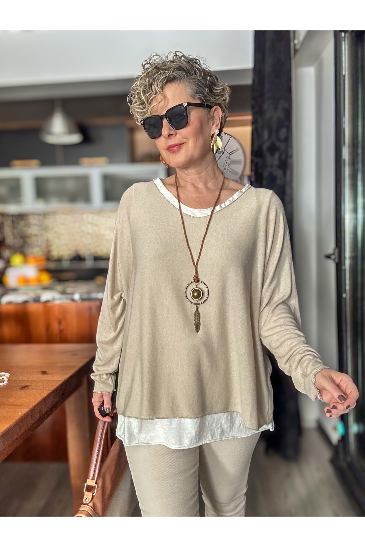 Sista Kolye Detay İtalyan Triko Bluz Beige