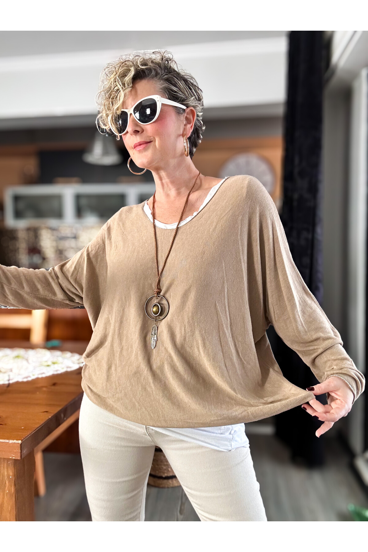 Sista Kolye Detay İtalyan Triko Bluz Camel