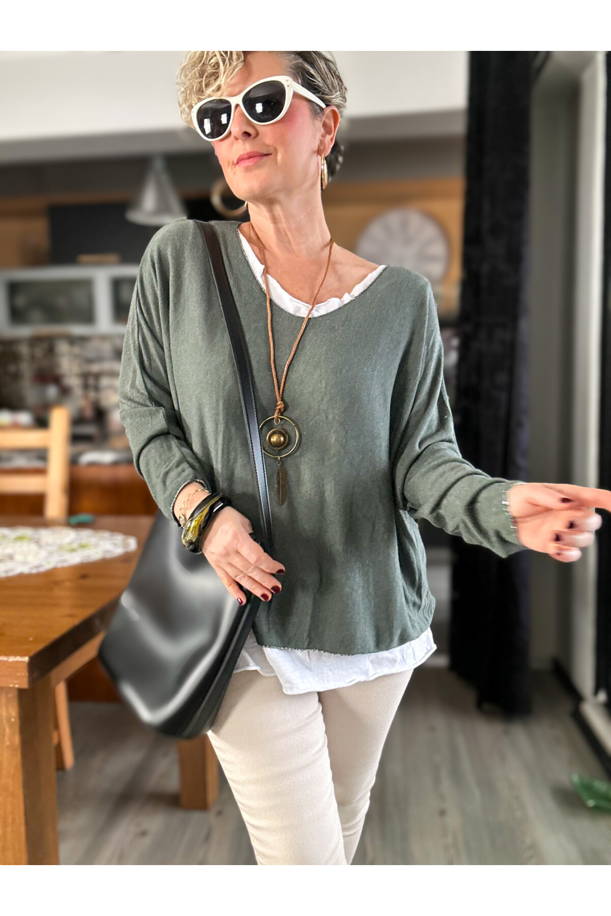 Sista Kolye Detay İtalyan Triko Bluz Military