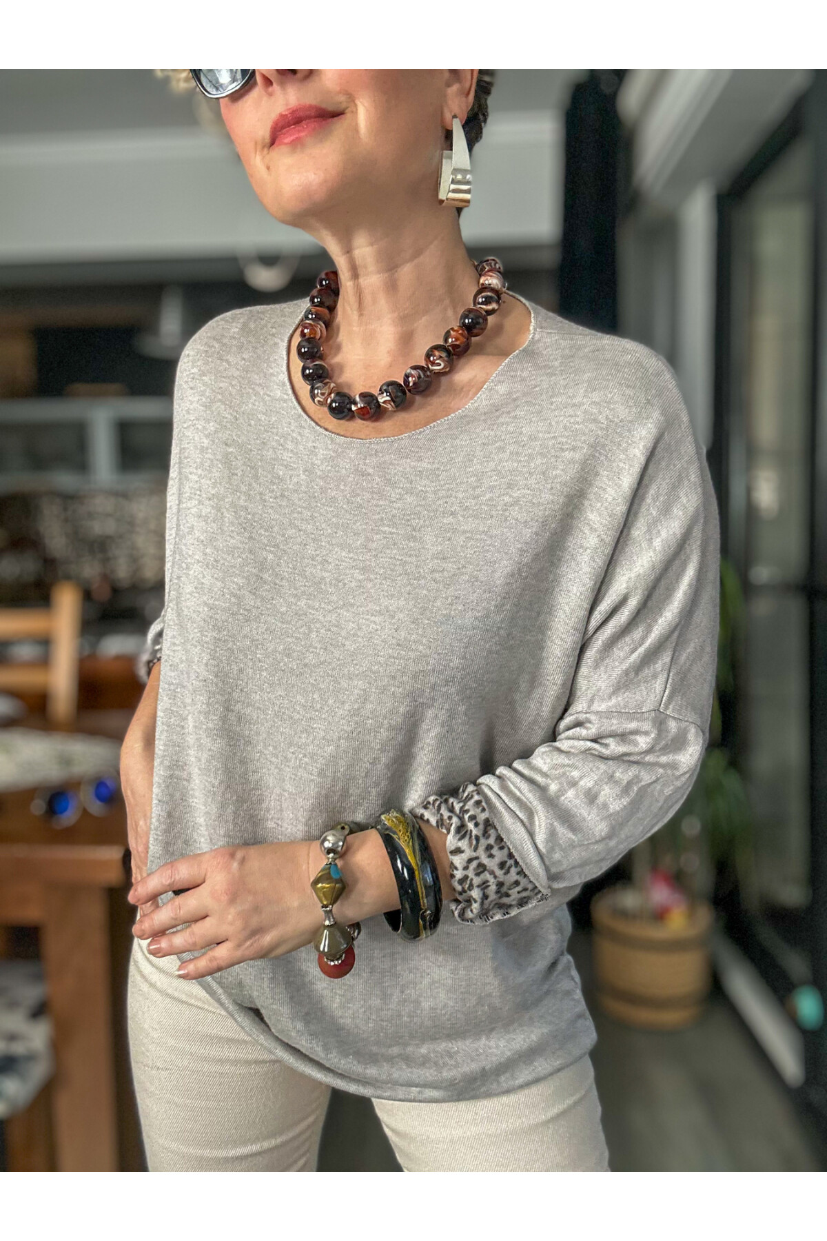 Sosa İtalyan Leopar Desen Yuvarlak Yaka Triko Beige