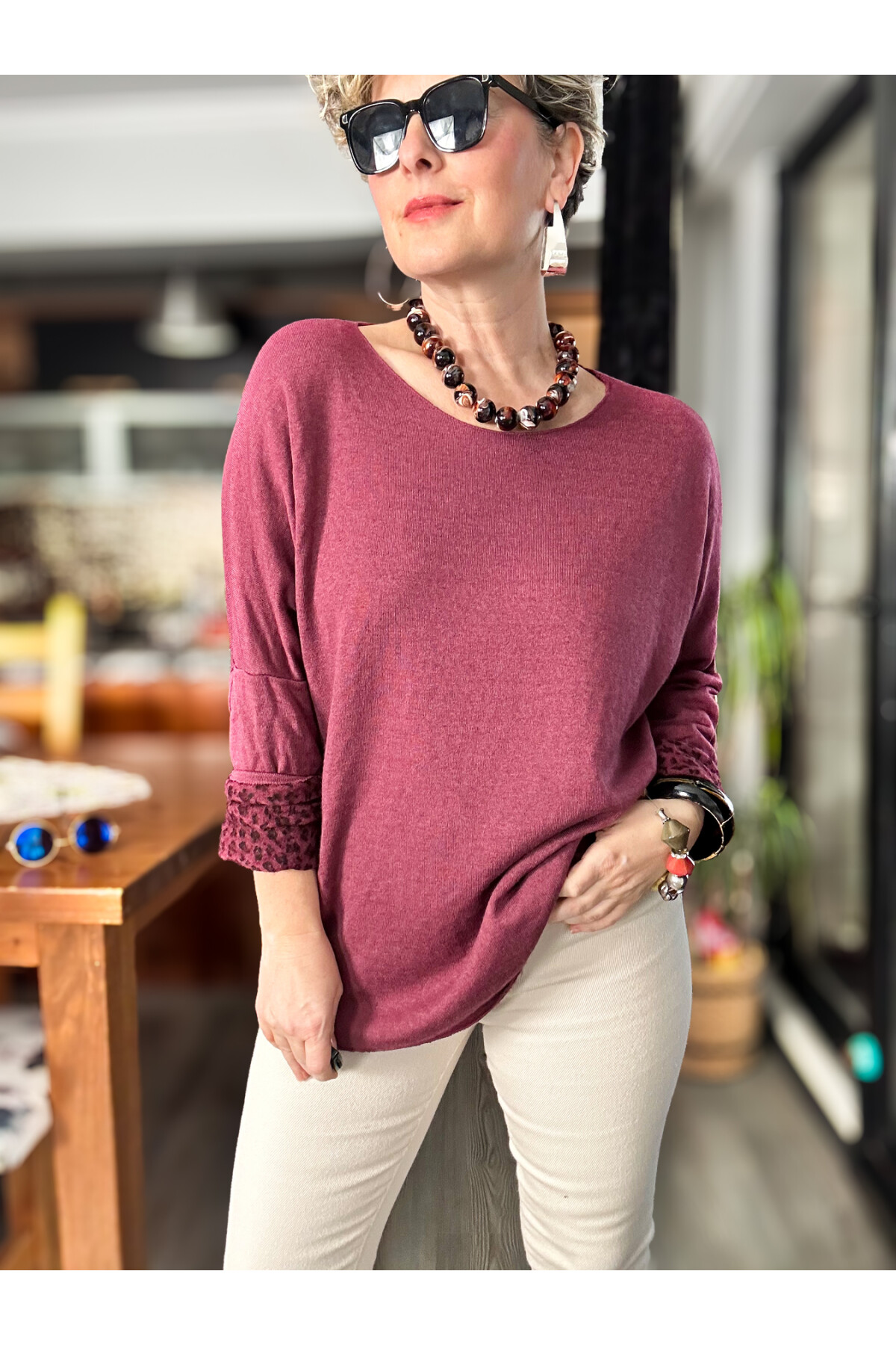 Sosa İtalyan Leopar Desen Yuvarlak Yaka Triko Bordo