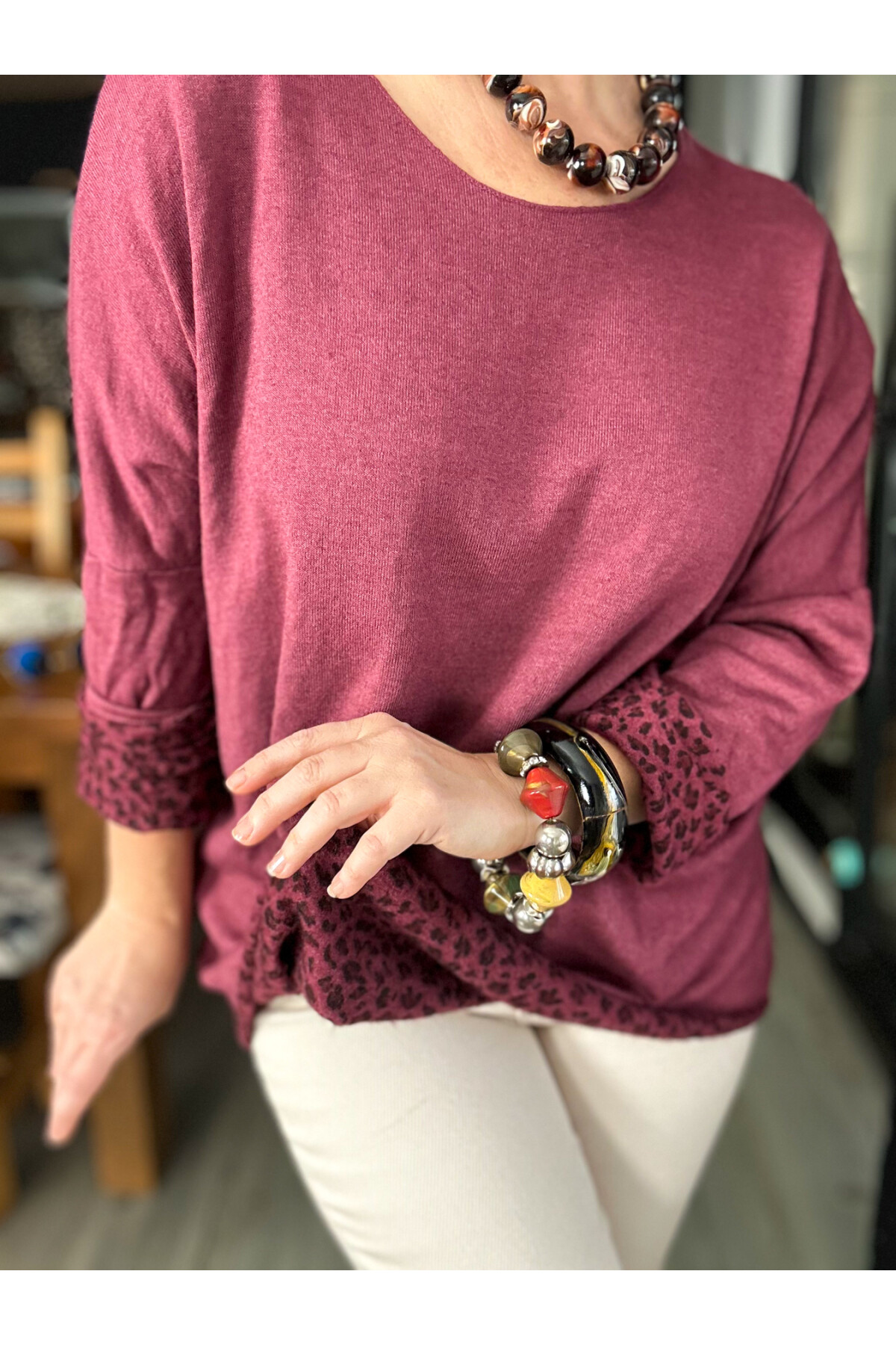Sosa İtalyan Leopar Desen Yuvarlak Yaka Triko Bordo