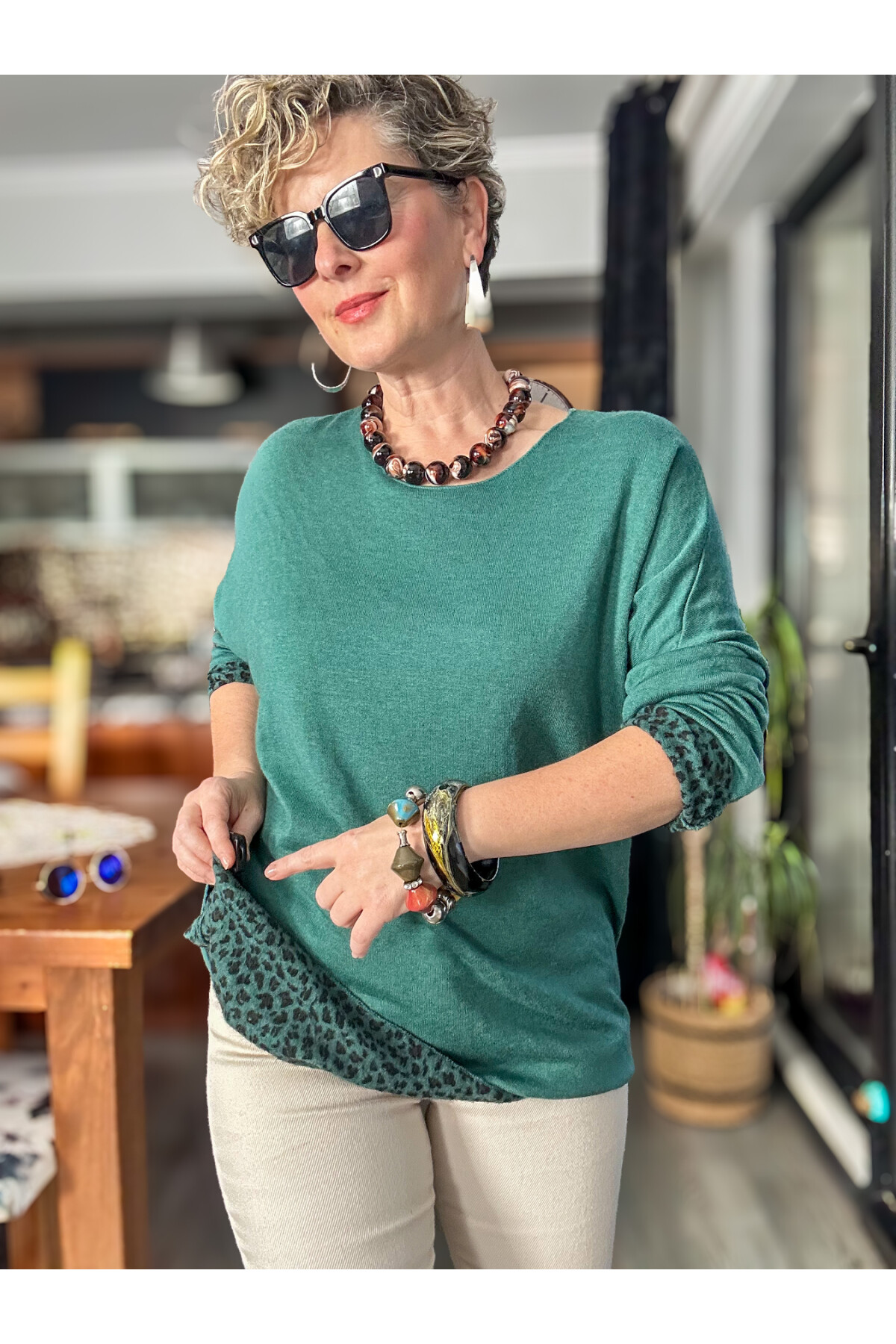 Sosa İtalyan Leopar Desen Yuvarlak Yaka Triko Zümrüt