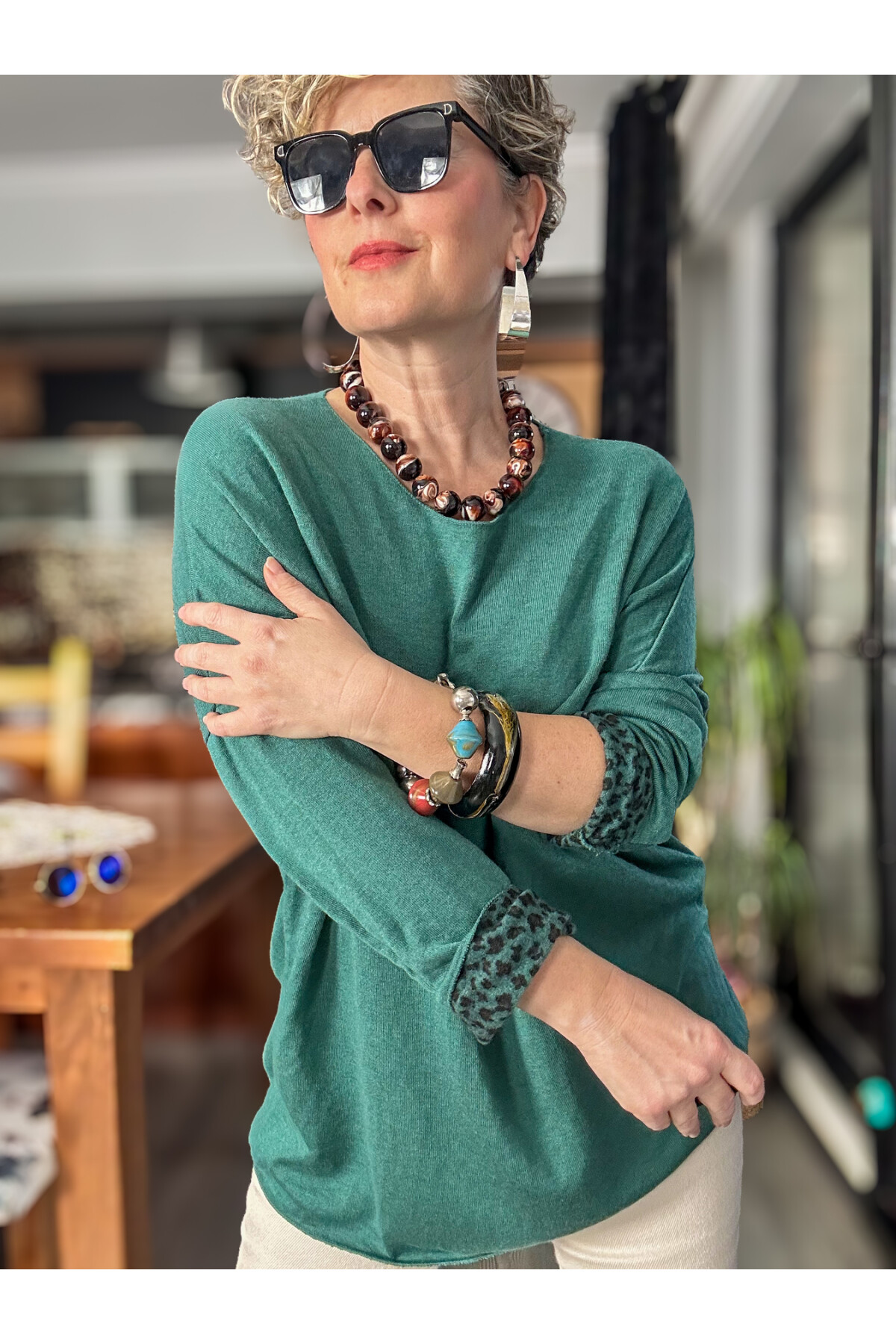 Sosa İtalyan Leopar Desen Yuvarlak Yaka Triko Zümrüt