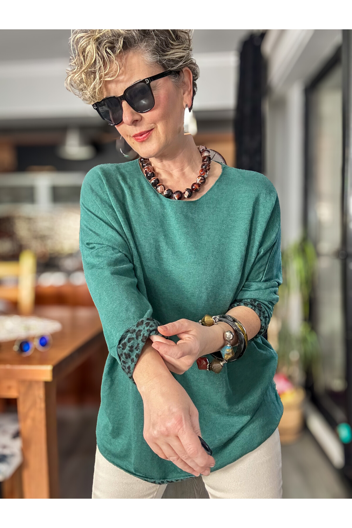 Sosa İtalyan Leopar Desen Yuvarlak Yaka Triko Zümrüt