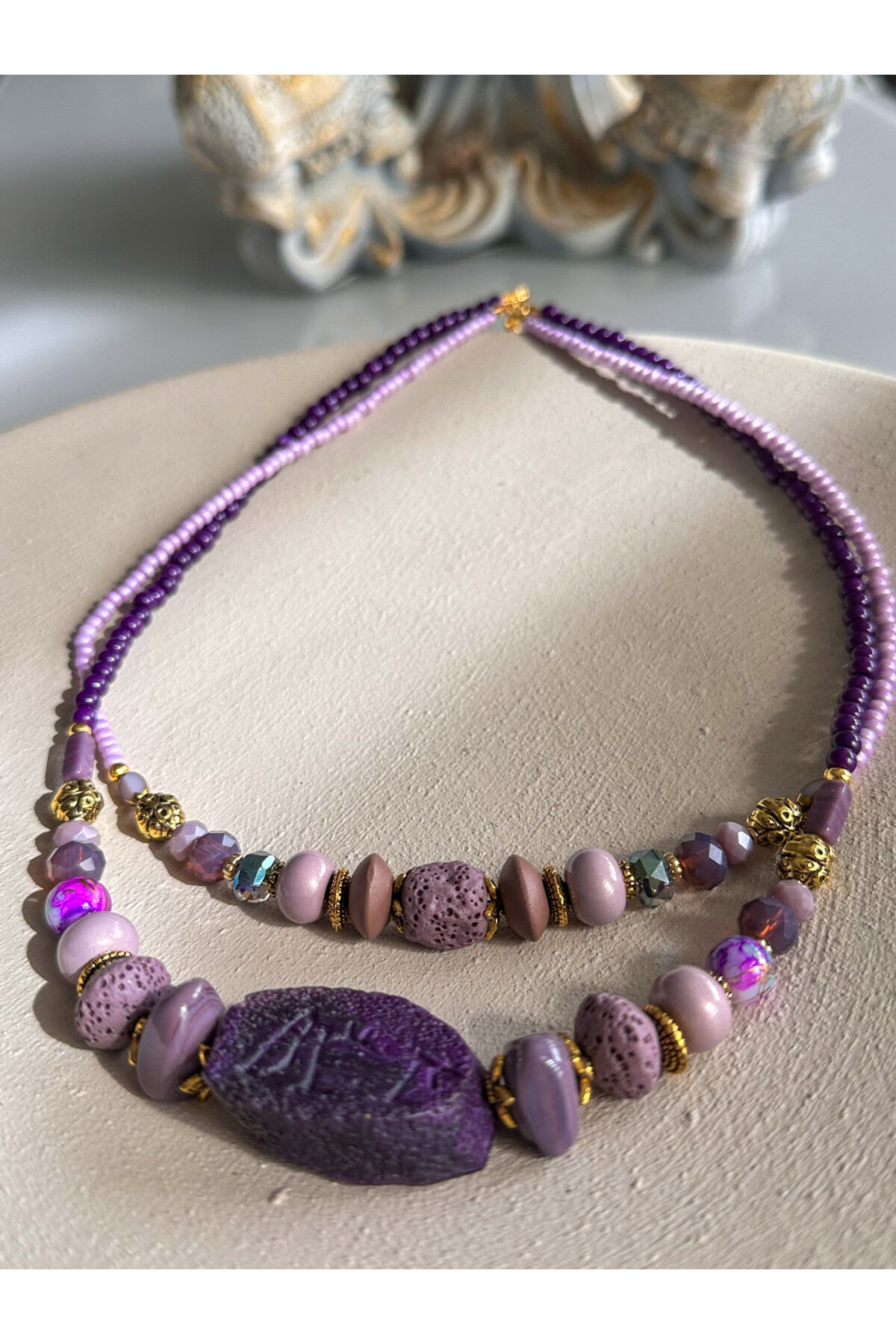 Thali Etnik Pirinç Cam Doğal Taş Kolye