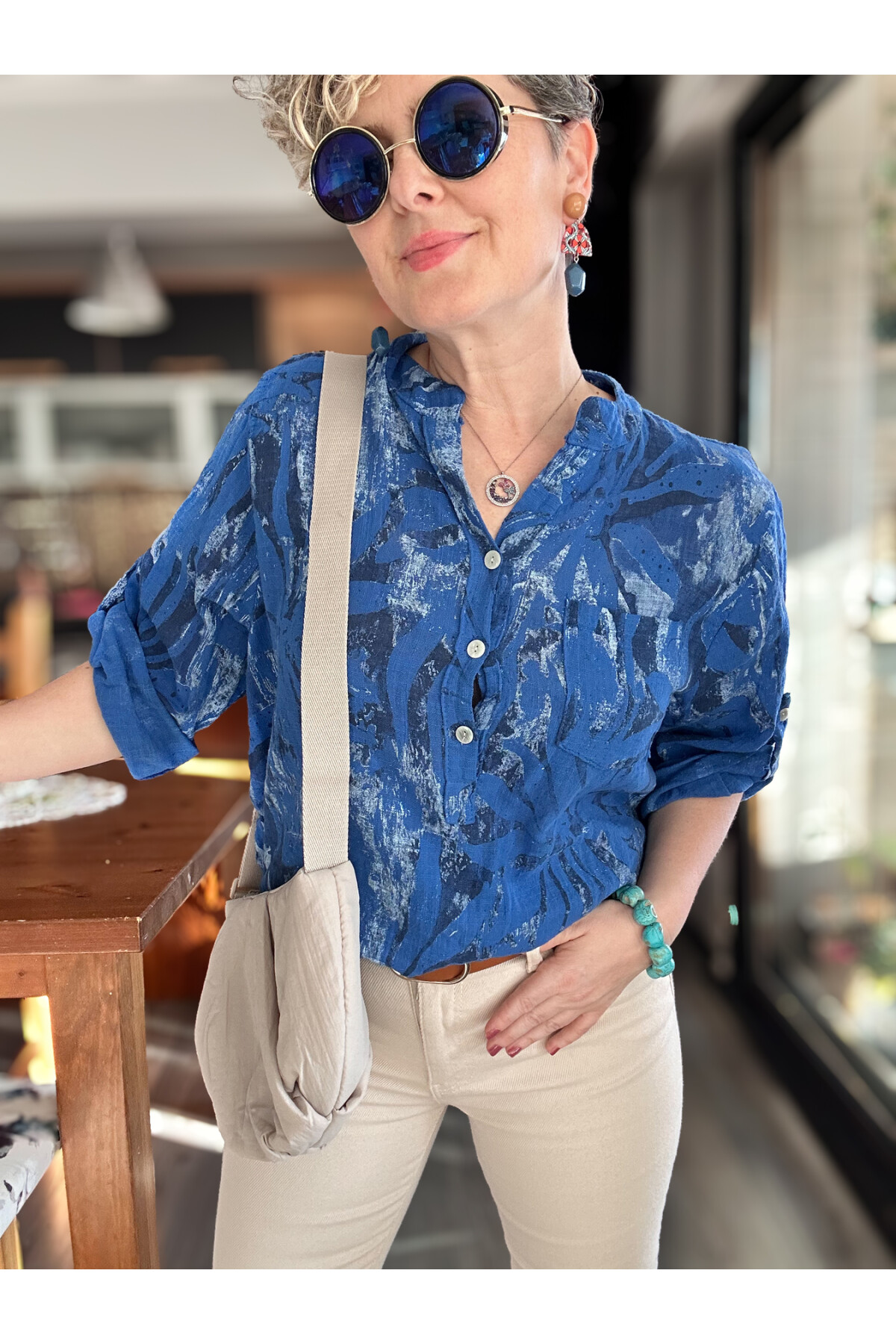 Uva Spiral Desen İtalyan Gömlek Sax Mavi