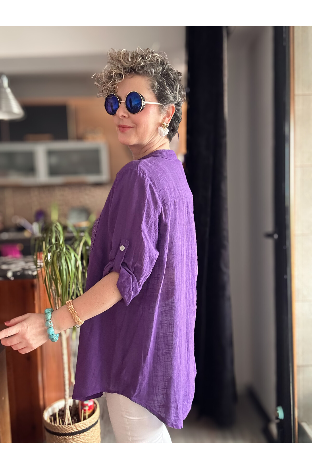 Venti Cep ve Şerit Pul Detay İtalyan Gömlek Mor