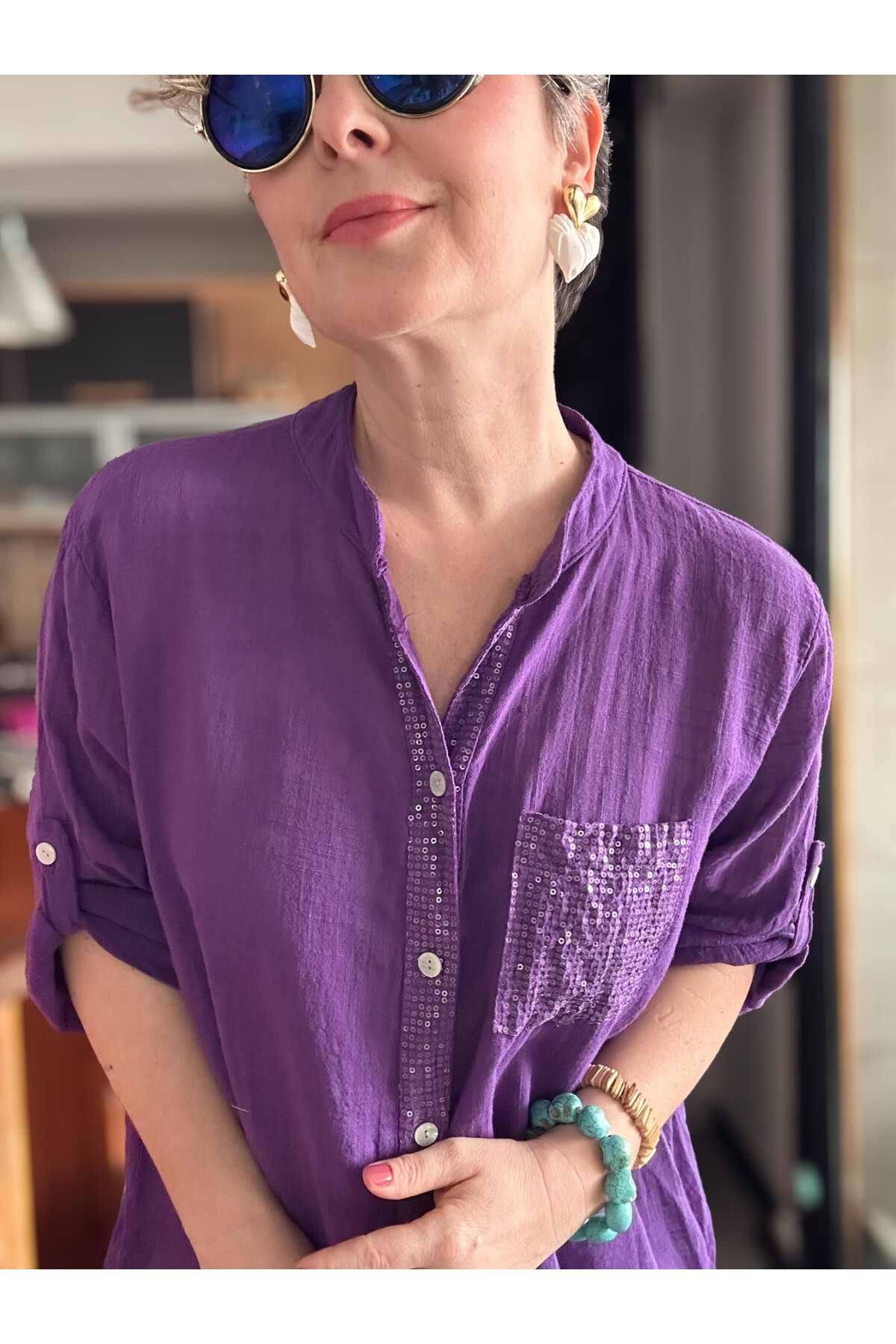 Venti Cep ve Şerit Pul Detay İtalyan Gömlek Mor