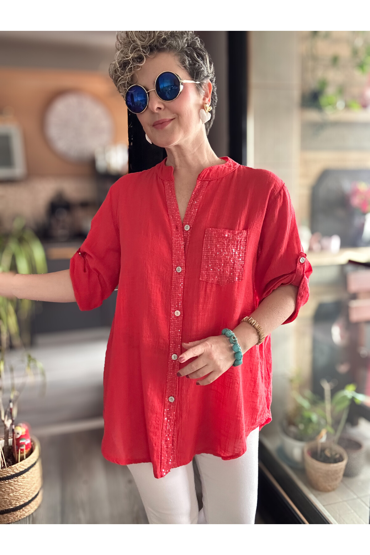 Venti Cep ve Şerit Pul Detay İtalyan Gömlek Nar Çiçeği